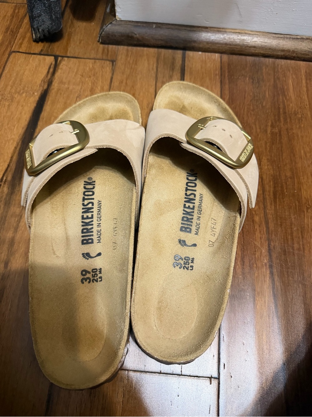 Birkenstock Women's Suede Single-Buckle Sandals in Light Beige with Gold Buckle